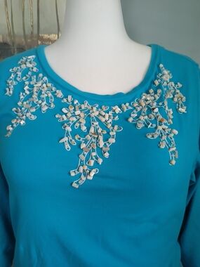 Embellished Teal Scoop-Neck Women's Top